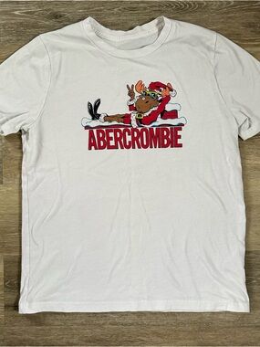 Kids Abercrombie & Fitch white Christmas moose T-shirt two small stains Sz 14/16